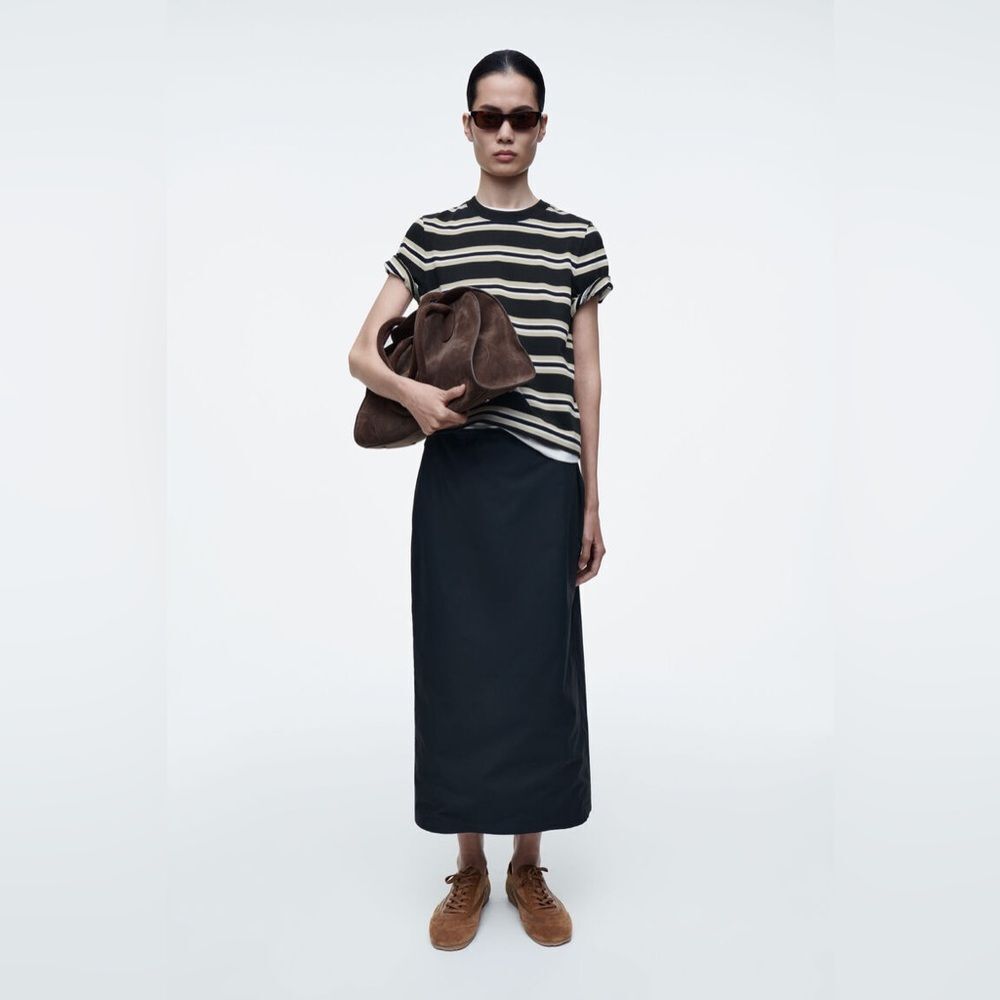 NEW COS CLEAN CUT REGULAR T-SHIRT in Beige/navy stripe - Picture 3 of 9